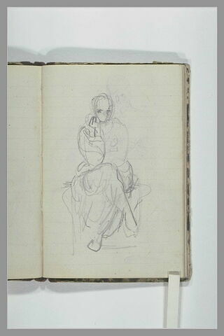 Une femme à demi drapée, assise sur un socle, vue de face, image 1/1