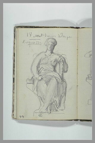 Note manuscrite ; femme assise sur un socle, image 1/1