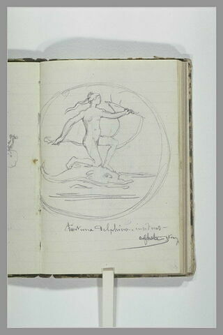 Femme nue navigant sur un dauphin et indication manuscrite