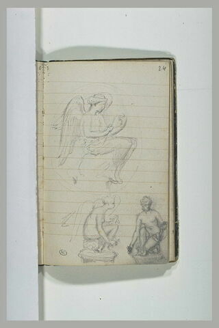 Ange, dans un médaillon ; figure ailée, sur un socle ; femme nue, accroupie, image 1/1