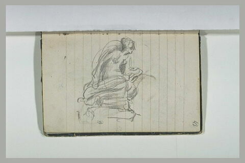 Statue de femme drapée, agenouillée, vue de profil, image 1/1