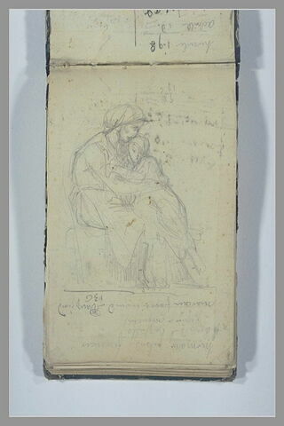 Une jeune fille dans les bras d'une femme assise ; notes manuscrites, image 1/1