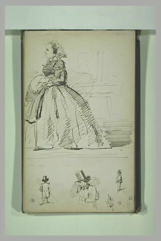 Femme en robe de profil à gauche, et homme portant un chapeau, image 1/1