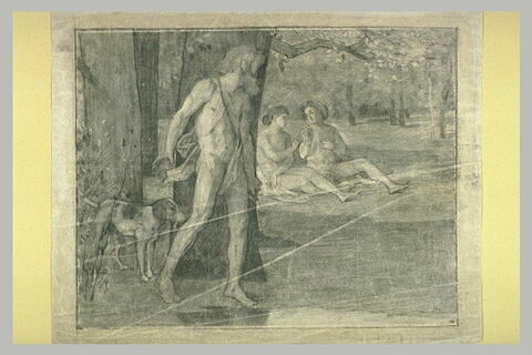 Homme nu, caché derrière un arbre, épiant un couple nu, image 2/2