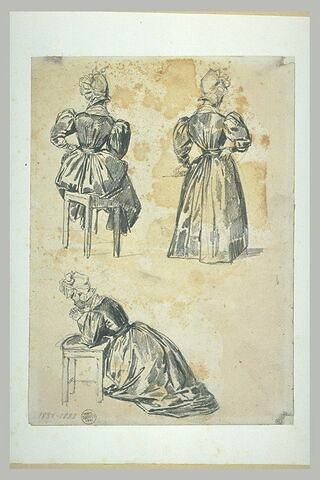 Femme assise sur un tabouret, femme debout, et femme en prières, image 1/1