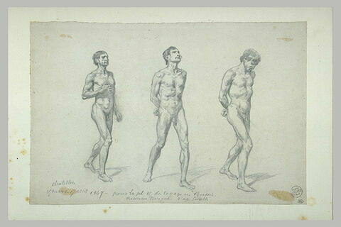 Etude de trois hommes nus marchant, dont deux les mains derrière le dos
