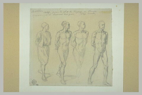Trois études d'homme nu, marchant les mains derrière le dos et un vêtu, image 1/1