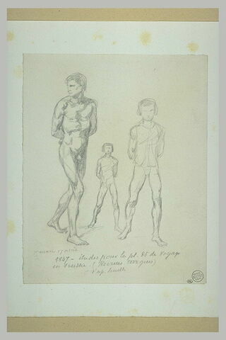 Etudes de trois hommes nus marchant, les mains derrière le dos, image 1/1