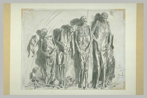 Etude de quatre cadavres momifiés, debout contre une paroi