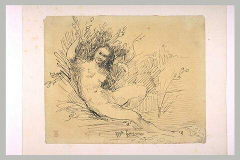 Femme nue assise au bord de l'eau sous des feuillages