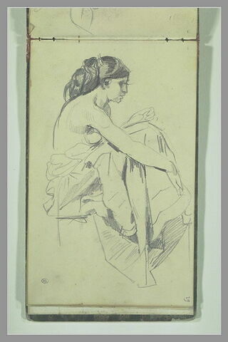 Portrait de jeune femme assise, de profil à droite, à demi nue