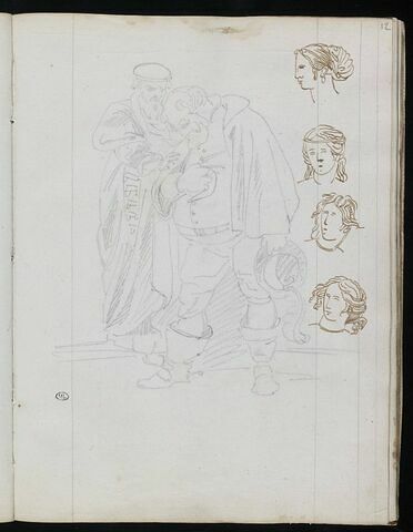 Deux hommes en costume du XVIè siècle ; quatre études de têtes