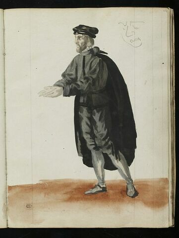 Homme en costume Renaissance ; croquis caricatural d'une tête
