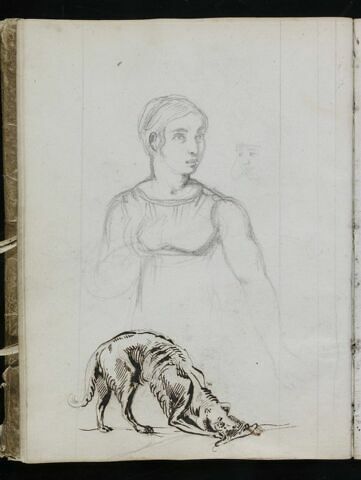 Femme vue en buste ; croquis d'une tête ; chien dévorant un os, image 1/1