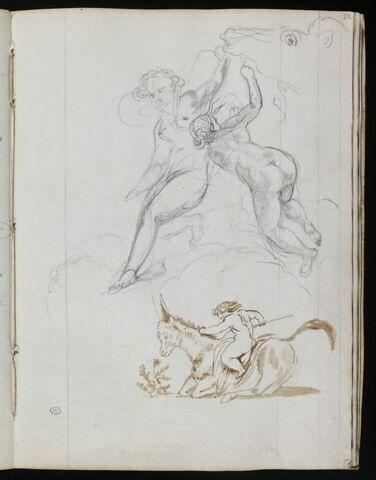 Deux femmes nues sur des nuages ; enfant monté sur un âne, tête de cheval, image 1/1
