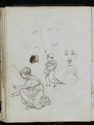 Têtes caricaturales ; femme agenouillée et enfant demi nu de profil à gauche, image 1/1