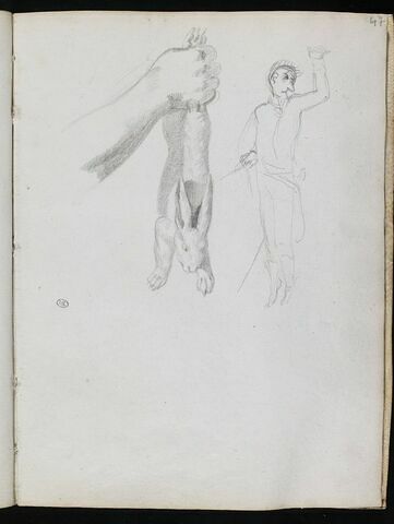 Main tenant un lièvre ; silhouette caricaturale levant le bras gauche, image 1/1