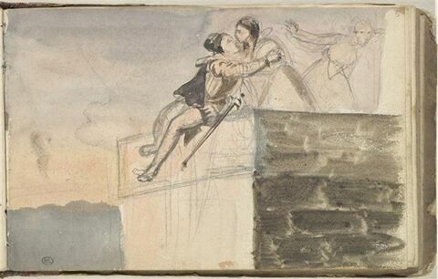 Couple enlacé s'embrassant sur une terrasse ; femme fuyant vers la droite