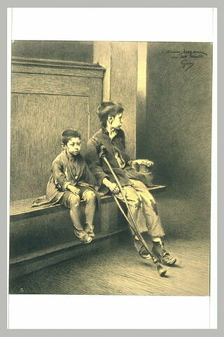 Deux jeunes mendiants assis sur un banc dont un tient une béquille, image 2/2