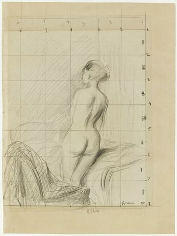 Femme nue, debout, de dos, appuyée contre un lit