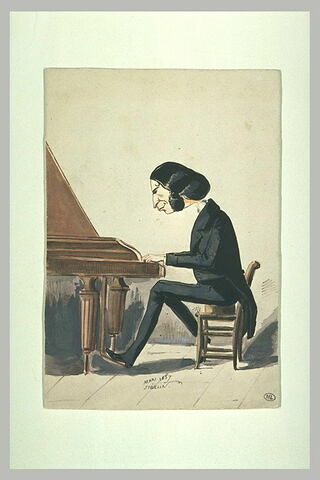 Portrait-charge : le pianiste Herz, assis devant son clavier et jouant, image 1/1