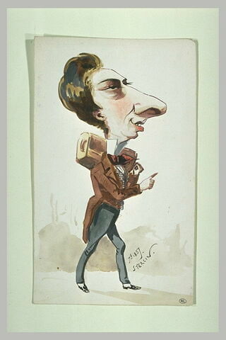 Caricature : homme avec un long nez et marchant vers la droite, image 1/1