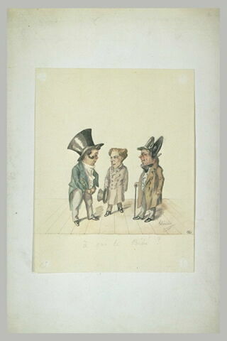 Caricature : trois hommes dont un à droite coiffé d'un bicorne, image 1/1