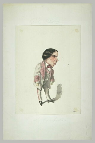 Caricature : homme debout vêtu d'un complet gris à manches, et col rose, image 1/1