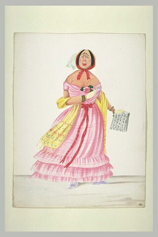 Femme âgée debout vêtu d'un habit rose, tenant une partition