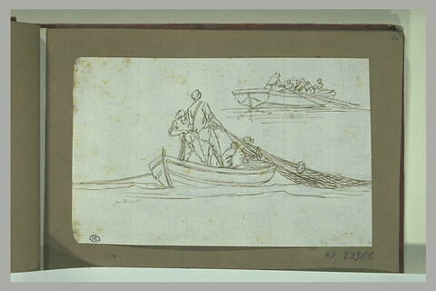 Rameurs sur une barque ; hommes sur une barque retirant des filets, image 1/1