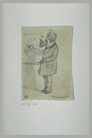 Portrait caricatural d'un homme debout, dessinant une figure géométrique