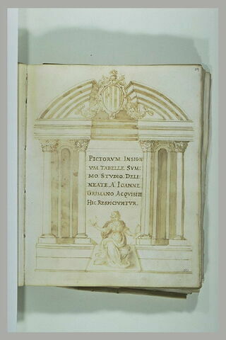 Frontispice de la collection des tableaux de Giovanni Grimani : femme assise devant une façade architecturée, image 1/1