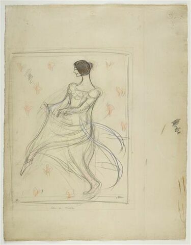 Portrait-charge de Cléo de Mérode, dansant, tournée vers la gauche