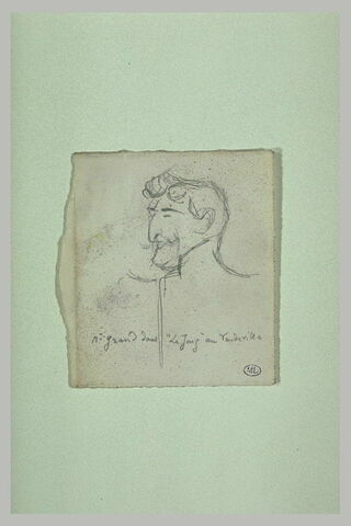 Croquis caricatural d'une tête d'homme de trois quarts à gauche, moustaches, image 1/1