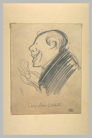 Croquis caricatural de Coquelin Cadet, en buste, de profil, souriant