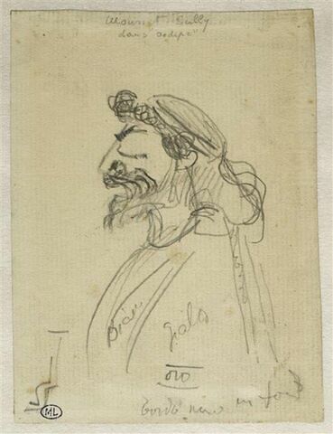 Croquis caricatural de Mounet-Sully dans 'Oedipe-Roi', de profil à gauche