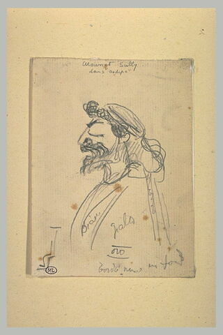 Croquis caricatural de Mounet-Sully dans 'Oedipe-Roi', de profil à gauche, image 2/2
