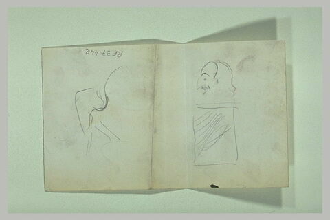 Croquis caricatural d'une tête d'homme, et croquis non identifiés