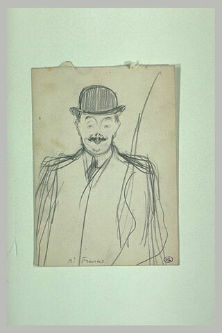 Homme vu à mi-corps, de face, avec un chapeau melon, et une moustache, image 1/1
