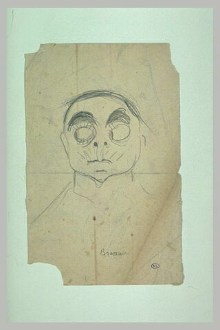 Croquis caricatural d'une tête d'homme, de face, les yeux très ronds