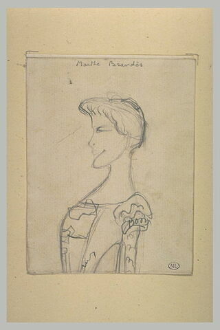 Femme vue en buste, de profil à gauche, corsage à motifs : Marthe Brandès
