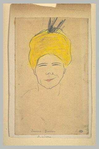Croquis caricatural d'une tête de femme, de face: Jeanne Granier