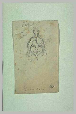 Tête de femme, de face, coiffée d'une sorte de casque, souriant