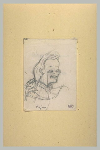 Croquis caricatural d'une femme, en buste, un lorgnon sur les yeux : Réjane