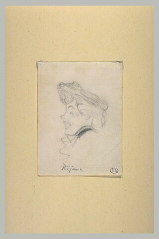 Croquis caricatural d'une tête de femme, de profil, avec un chapeau : Réjane