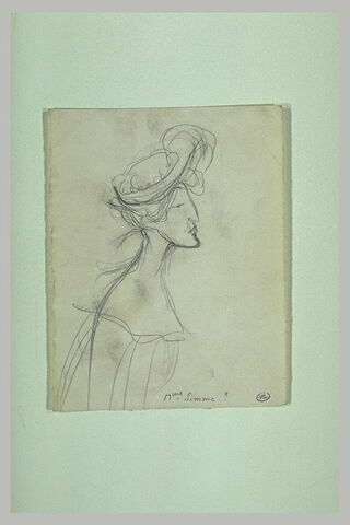 Femme vue en buste, de profil à droite, avec un chapeau, image 1/1