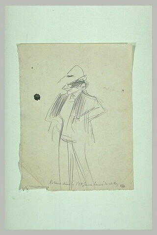 Silhouette caricaturale de femme habillée en homme, de trois quarts à gauche, image 1/1