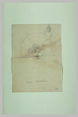 Tête de femme, de face, coiffée d'une capeline et croquis d'une tête, image 1/1