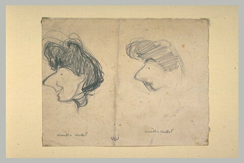 Deux croquis caricaturaux d'une tête de femme : Marthe Mellot