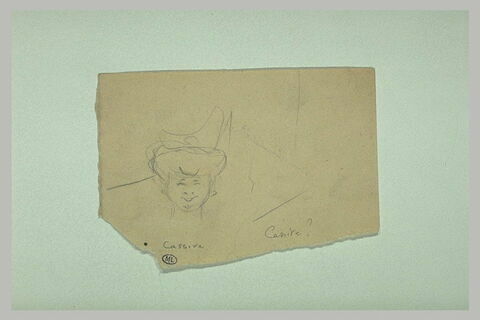 Tête de femme, de face, coiffée d'un chapeau, souriant